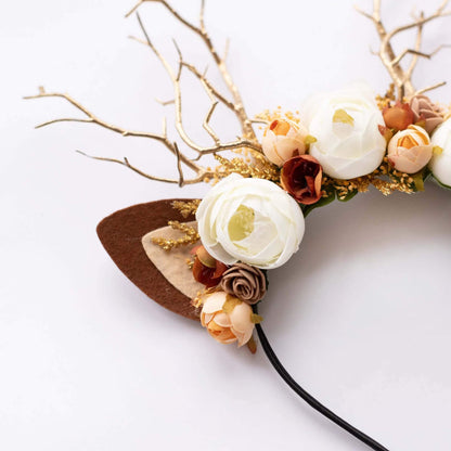 FEELIVE Glowing Simulated Reindeer Antler Cream Rosebud Headband【Free Gift Box】