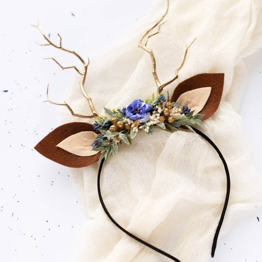 FEELIVE Glowing Simulated Reindeer Antler Navy Pampas Headband【Free Gift Box】