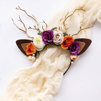 FEELIVE Glowing Simulated Reindeer Antler Lavender Aster & Burnt Orange Headband【Free Gift Box】