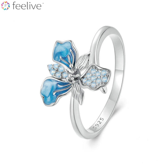 Elegant Blue Iris Zircon Enamel Ring in Sterling Silver - Feelive