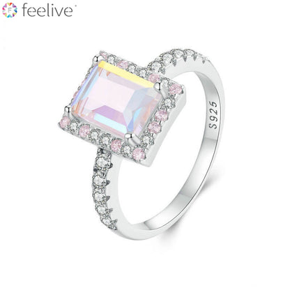 Dreamy Pink Baguette-cut Gem Halo Ring in Sterling Silver - Feelive