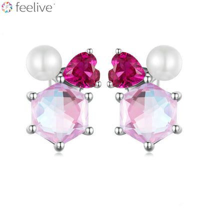 Pink Heart Gem Pearl Stud Earrings in Sterling Silver - Feelive