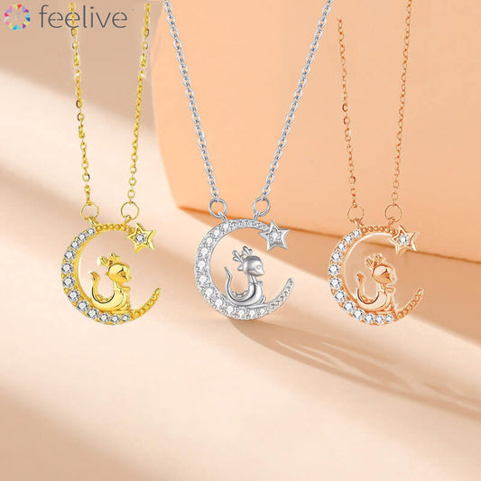 FEELIVE Moon and Star Dragon Zircon Sterling Silver Necklace