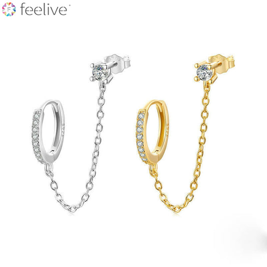 Double Piercing Zircon Chain Earrings in Sterling Silver - Feelive