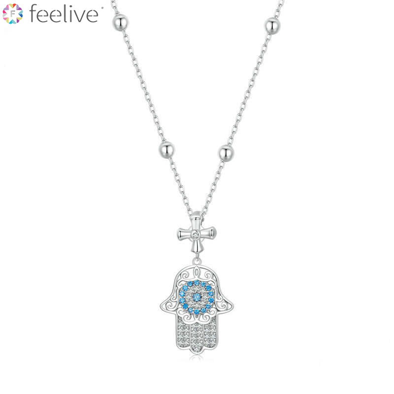 Hand of Fatima Zircon Beaded Chain Necklace in Sterling Silver - Feelive