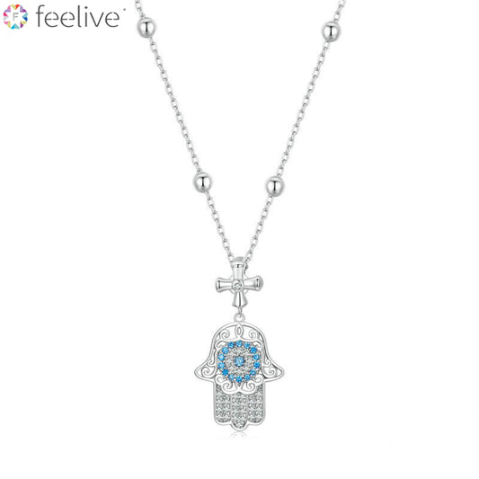 Hand of Fatima Zircon Beaded Chain Necklace in Sterling Silver - Feelive