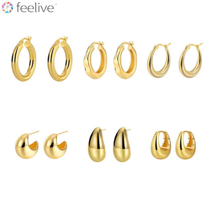 Minimalist Style French Style 14K Gold Hoop Earrings Set 6 Pairs [Buy More Save More]