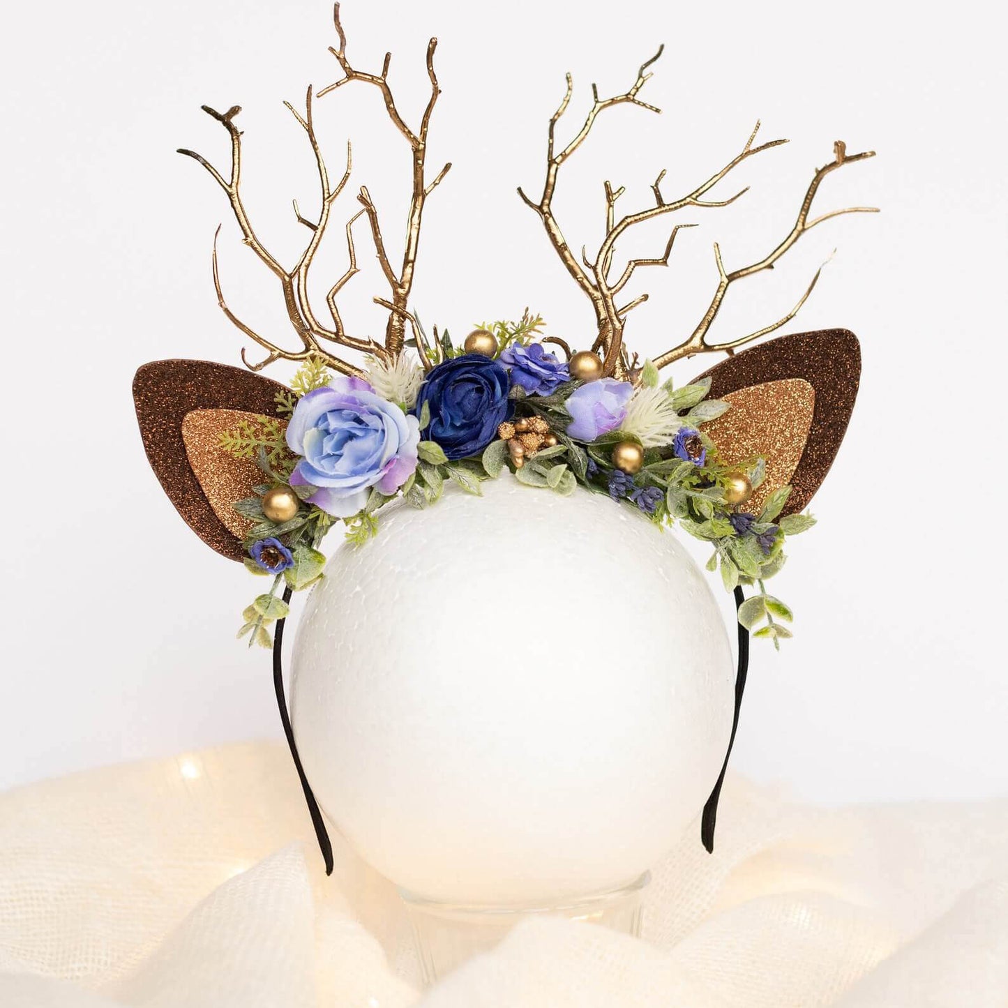 FEELIVE Glowing Simulated Reindeer Antler Navy Roses and Lilacs Headband【Free Gift Box】