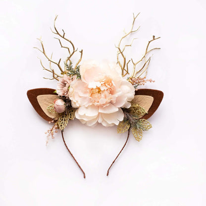 FEELIVE Glowing Simulated Reindeer Antler Garden Blush & Golden Leaves Headband【Free Gift Box】