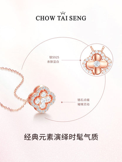 Chow Tai Seng Lucky 4-leaf Clover S925 Sterling Silver Necklace with Multiple Wearing Styles