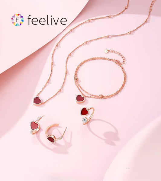 FEELIVE S925 Silver Rose Gold Plated Red Heart Carnelian Sterling Silver Necklace and Ring