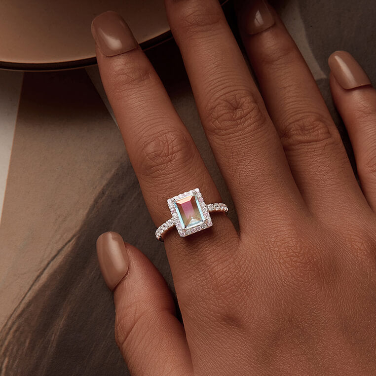 Dreamy Pink Baguette-cut Gem Halo Ring in Sterling Silver model