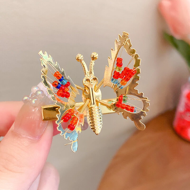 Movable Wings Butterfly Beaded Tassel Hair Clip in Alloy - gold beaded