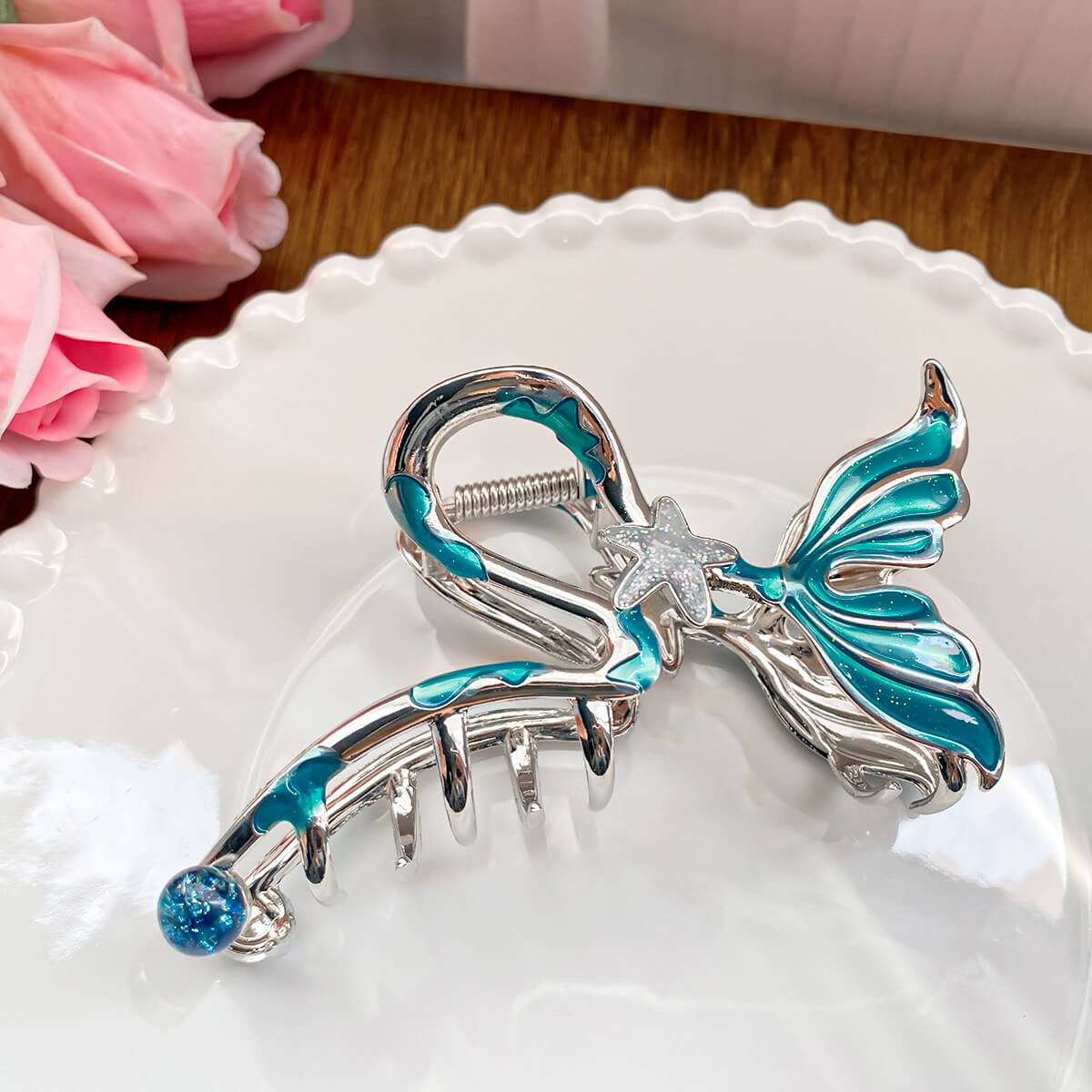 Blue Mermaid Fishtail Pearl Hair Claw Clip - A