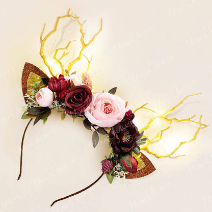 FEELIVE Glowing Simulated Reindeer Antler Burgundy Rose Headband【Free Gift Box】