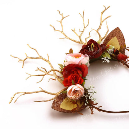 FEELIVE Glowing Simulated Reindeer Antler Burgundy Rose Headband【Free Gift Box】