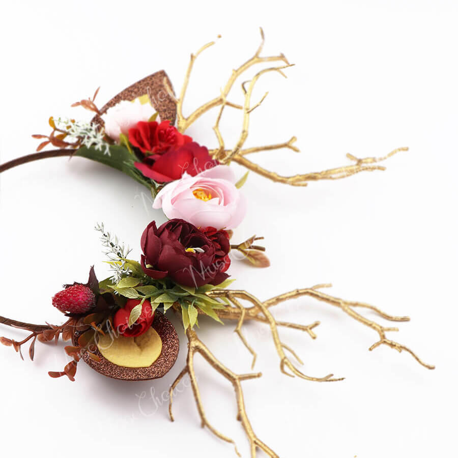 FEELIVE Glowing Simulated Reindeer Antler Burgundy Rose Headband【Free Gift Box】