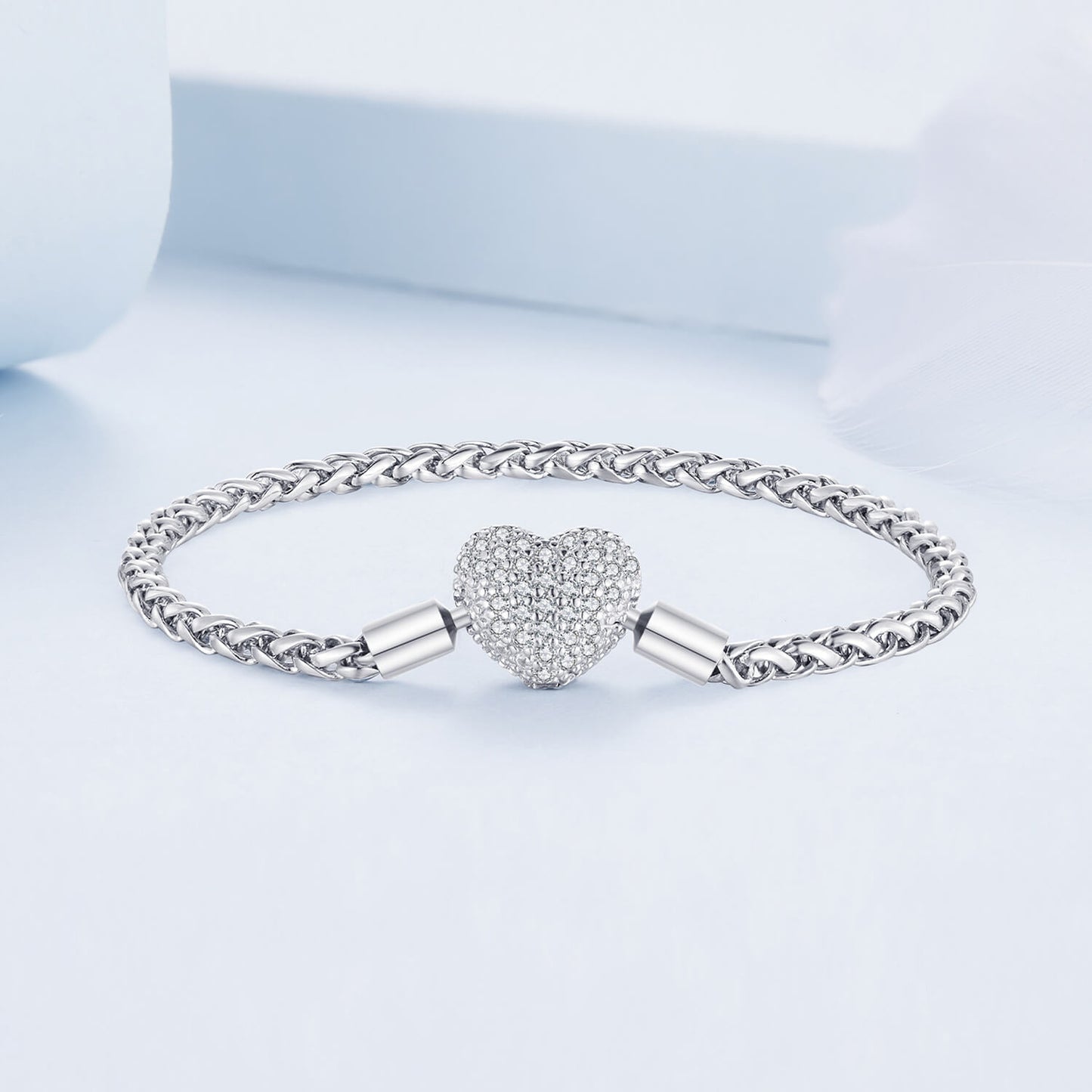 Heart Buckle Zirconia Rope Chain Bracelet in Sterling Silver front