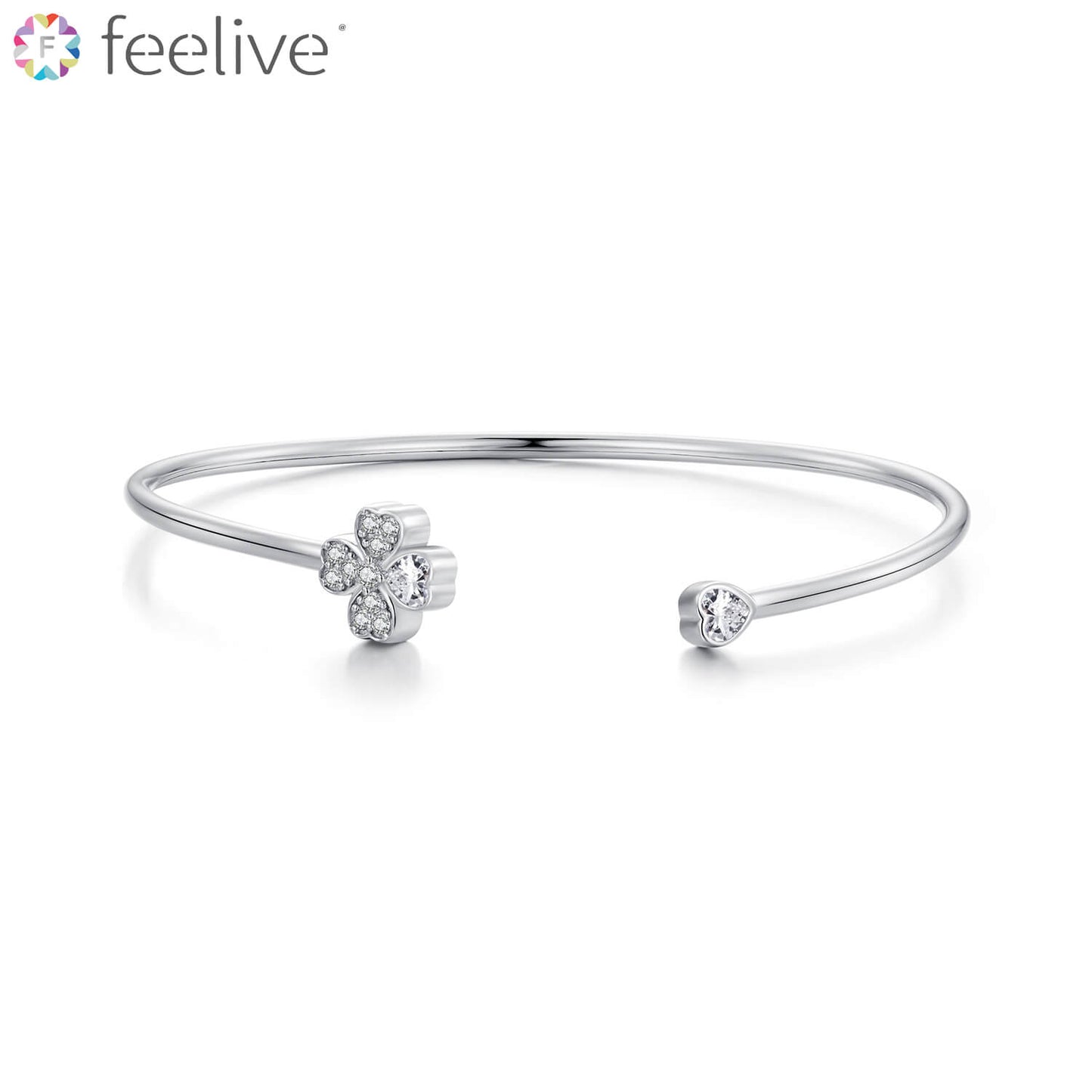 Lucky Clover of Love Zirconia Bangle Bracelet in Sterling Silver - Feelive