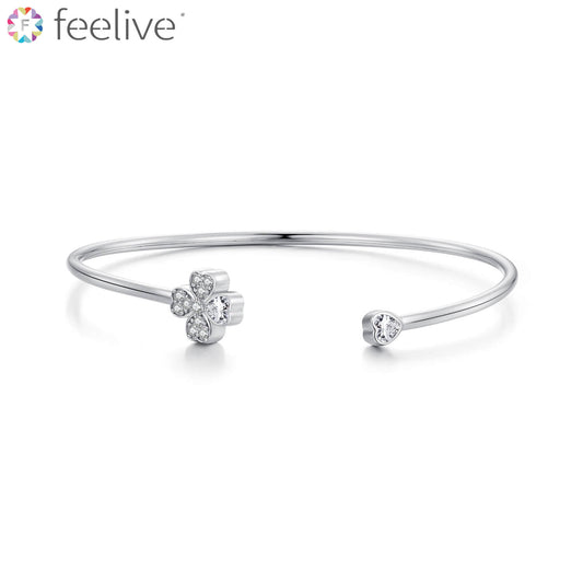 Lucky Clover of Love Zirconia Bangle Bracelet in Sterling Silver - Feelive