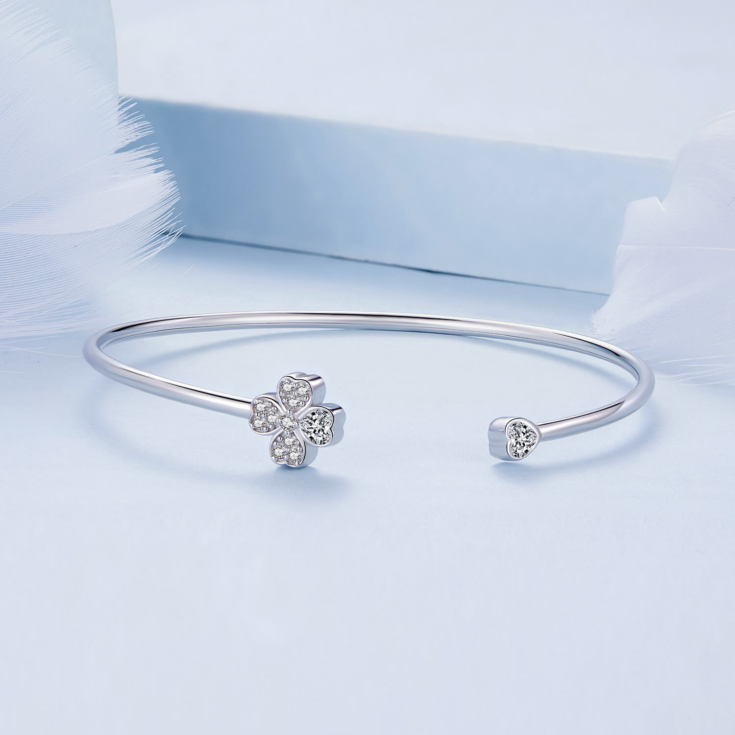 Lucky Clover of Love Zirconia Bangle Bracelet in Sterling Silver front