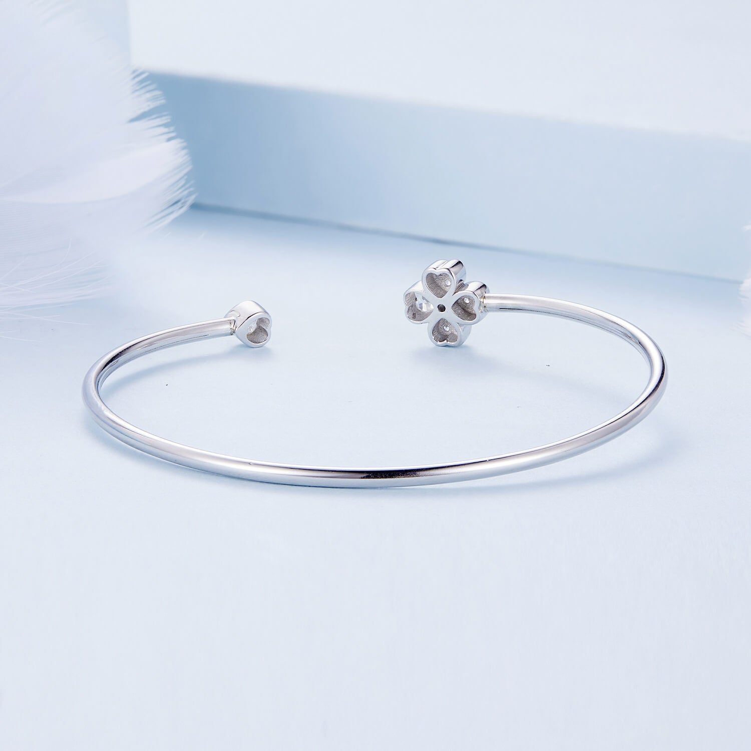 Lucky Clover of Love Zirconia Bangle Bracelet in Sterling Silver back