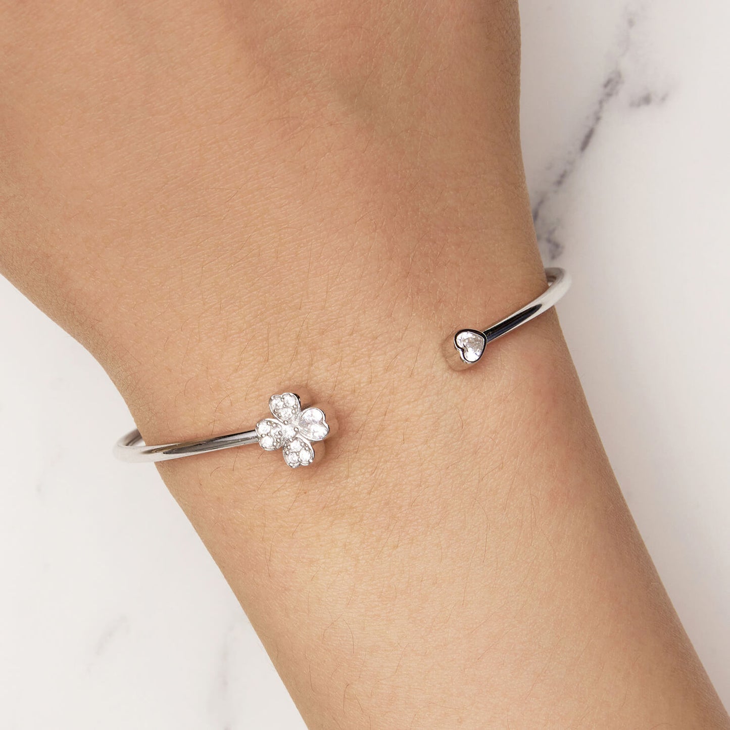 Lucky Clover of Love Zirconia Bangle Bracelet in Sterling Silver model