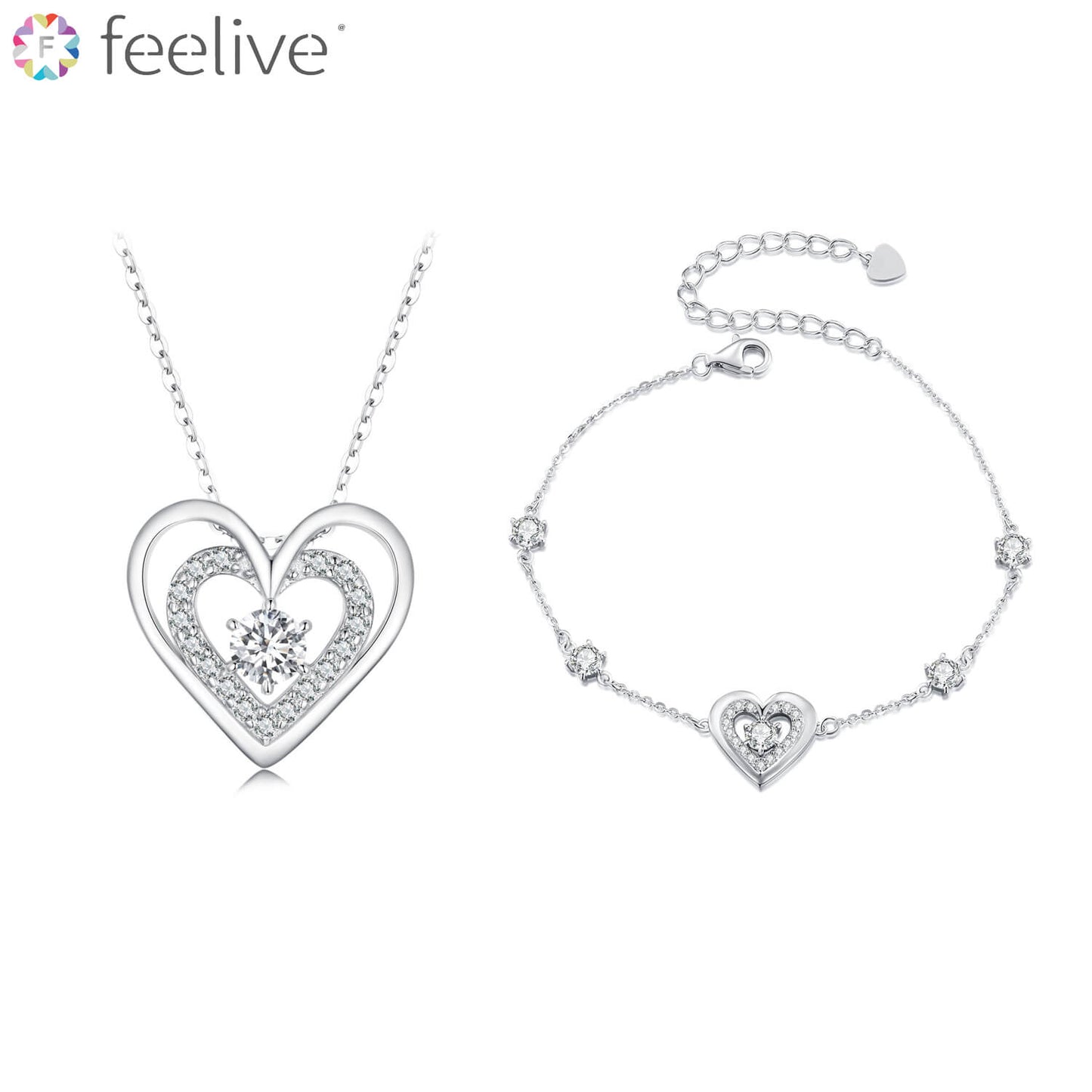 Sparkling Double Hearts Zirconia Jewelry Set in Sterling Silver - Feelive