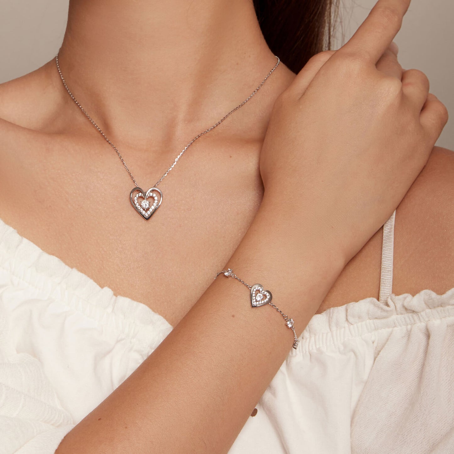 Sparkling Double Hearts Zirconia Jewelry Set in Sterling Silver model