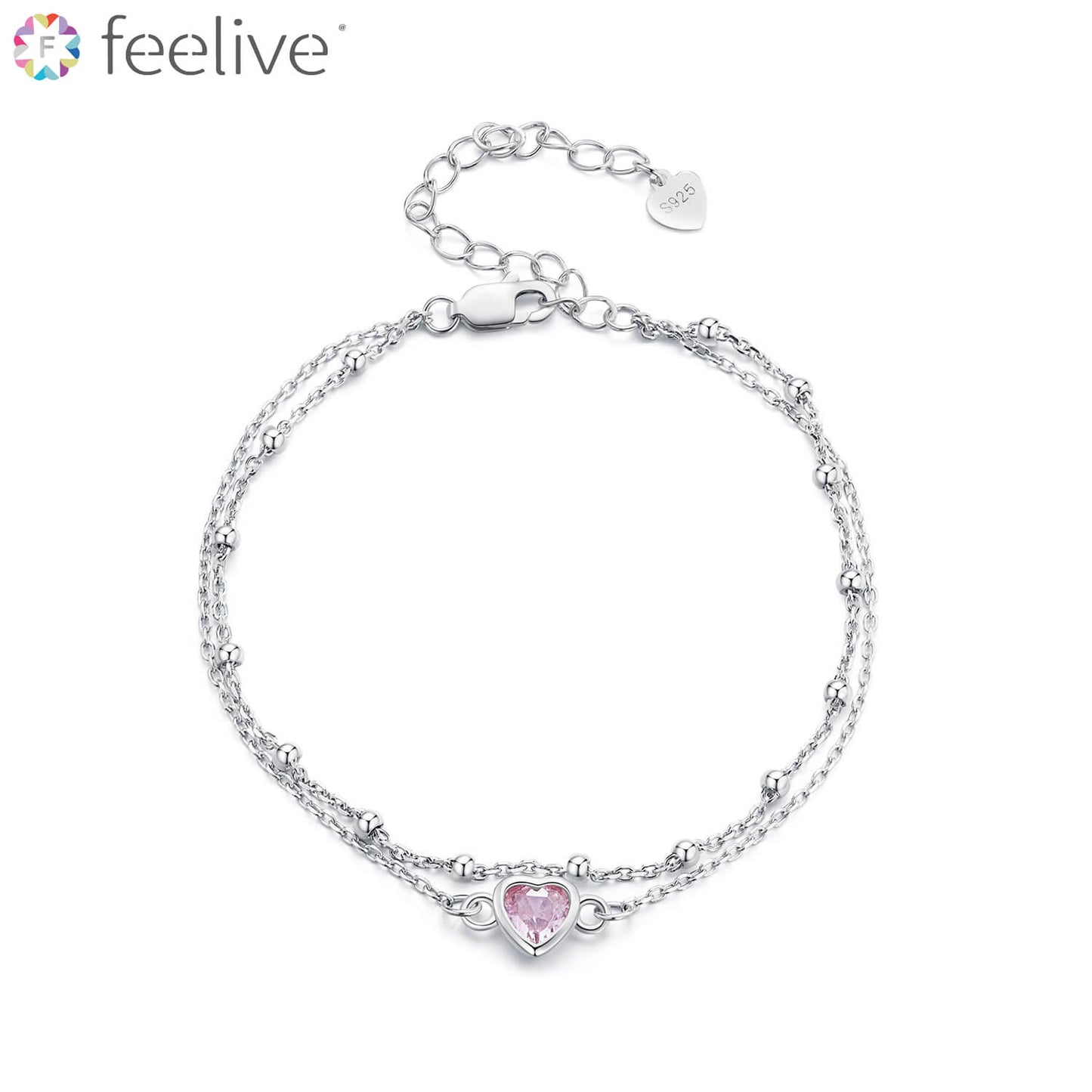 Pink Heart Zircon Double Layer Bracelet in Sterling Silver - Feelive