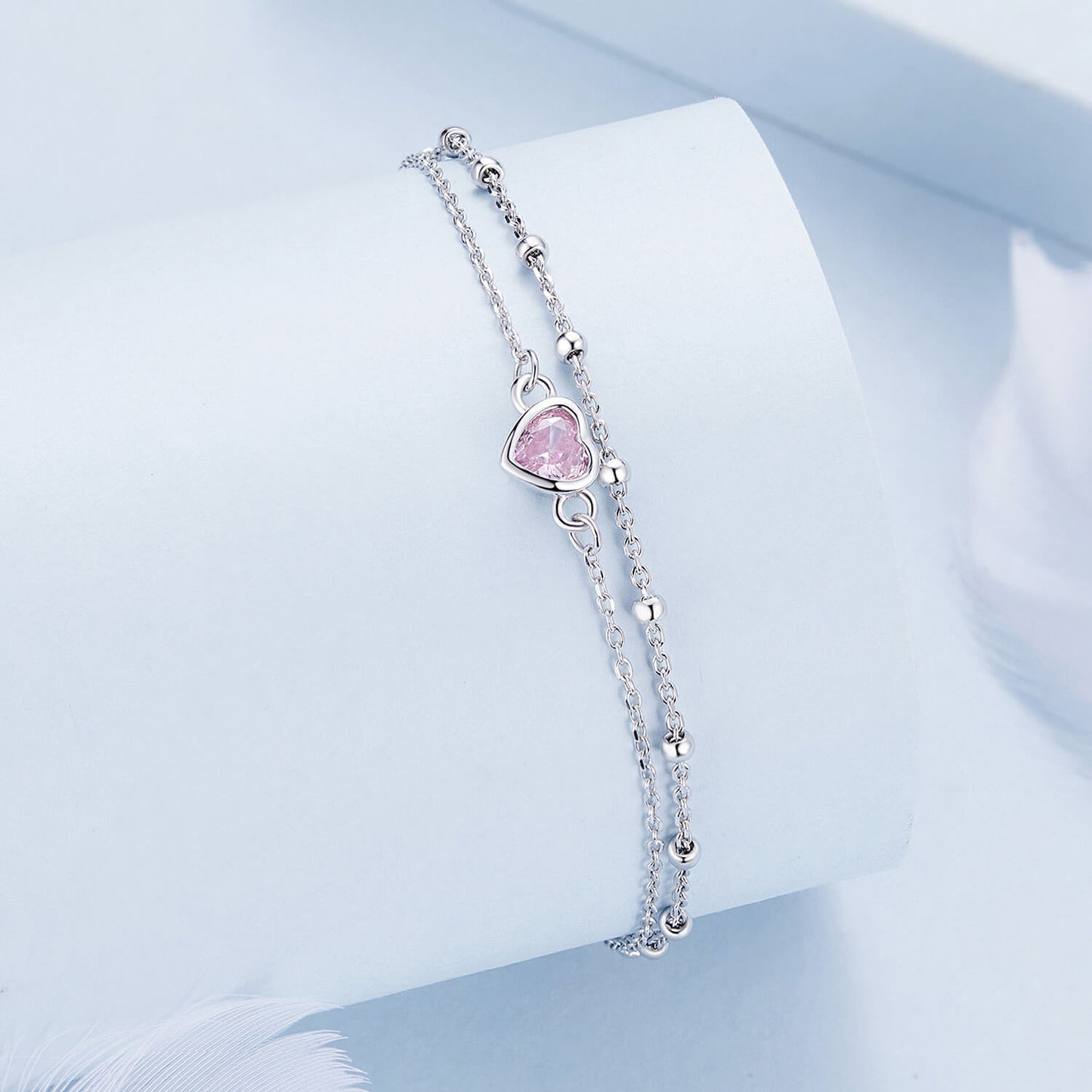 Pink Heart Zircon Double Layer Bracelet in Sterling Silver side