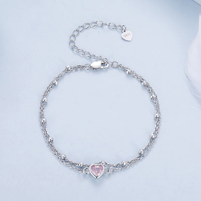 Pink Heart Zircon Double Layer Bracelet in Sterling Silver front