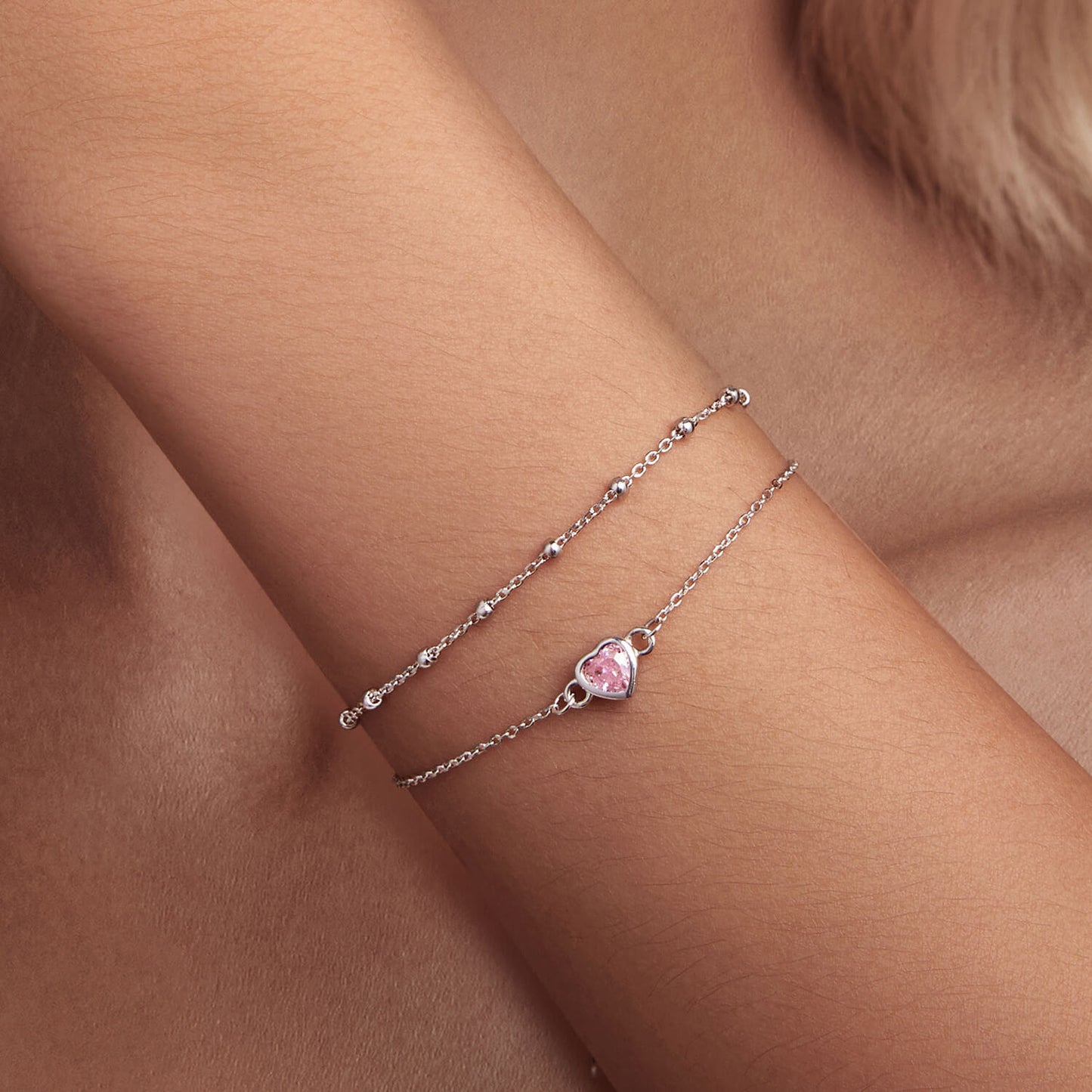 Pink Heart Zircon Double Layer Bracelet in Sterling Silver model