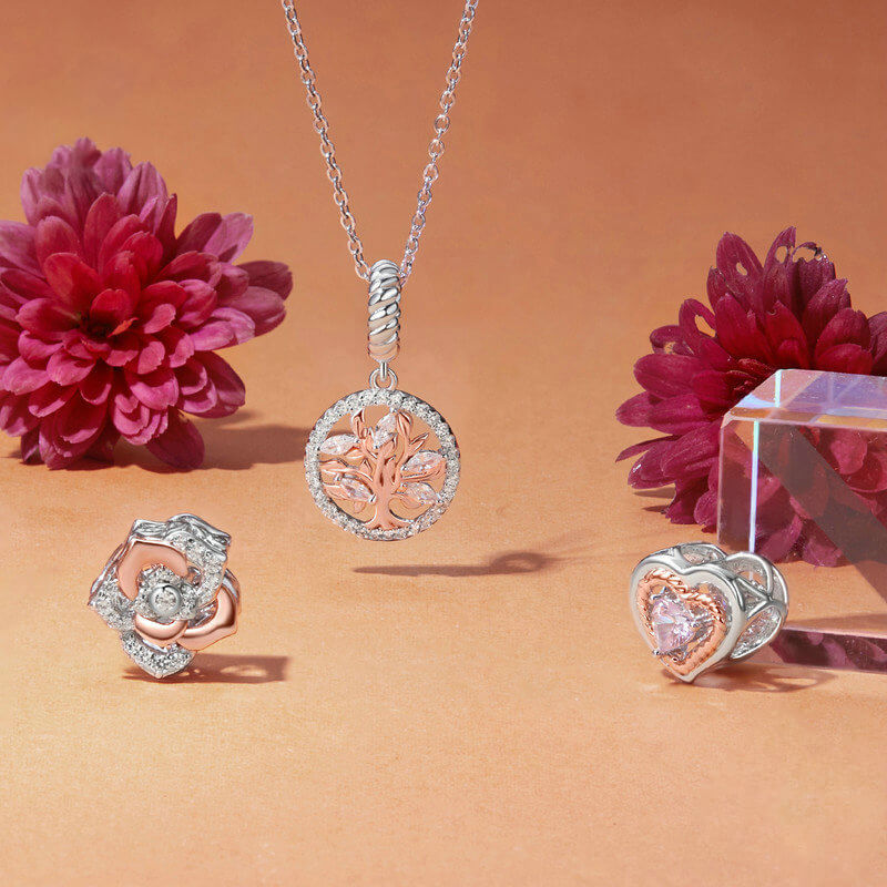 Graceful Rose Series Rose Gold Plated Charm Set in Sterling Silver 