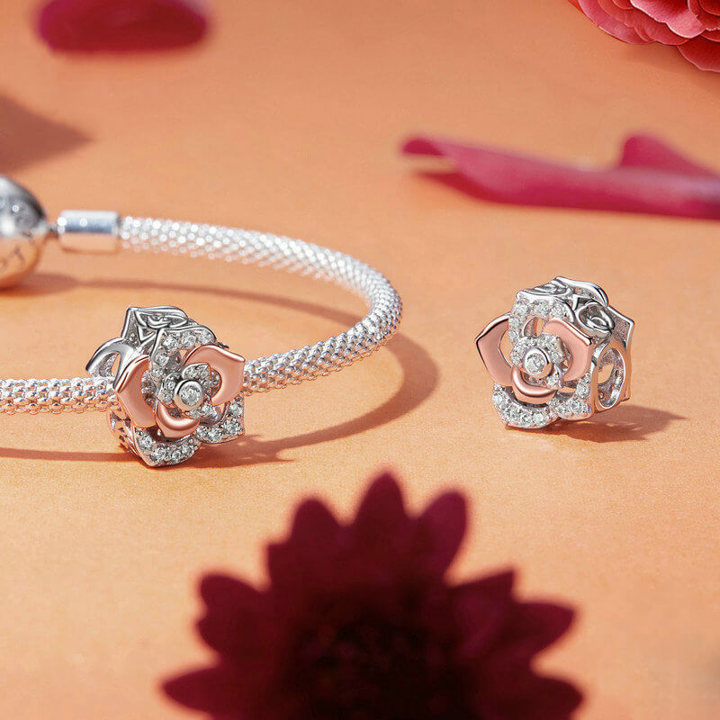 Graceful Rose Series Rose Gold Plated Charm Set in Sterling Silver - rose charm front & back