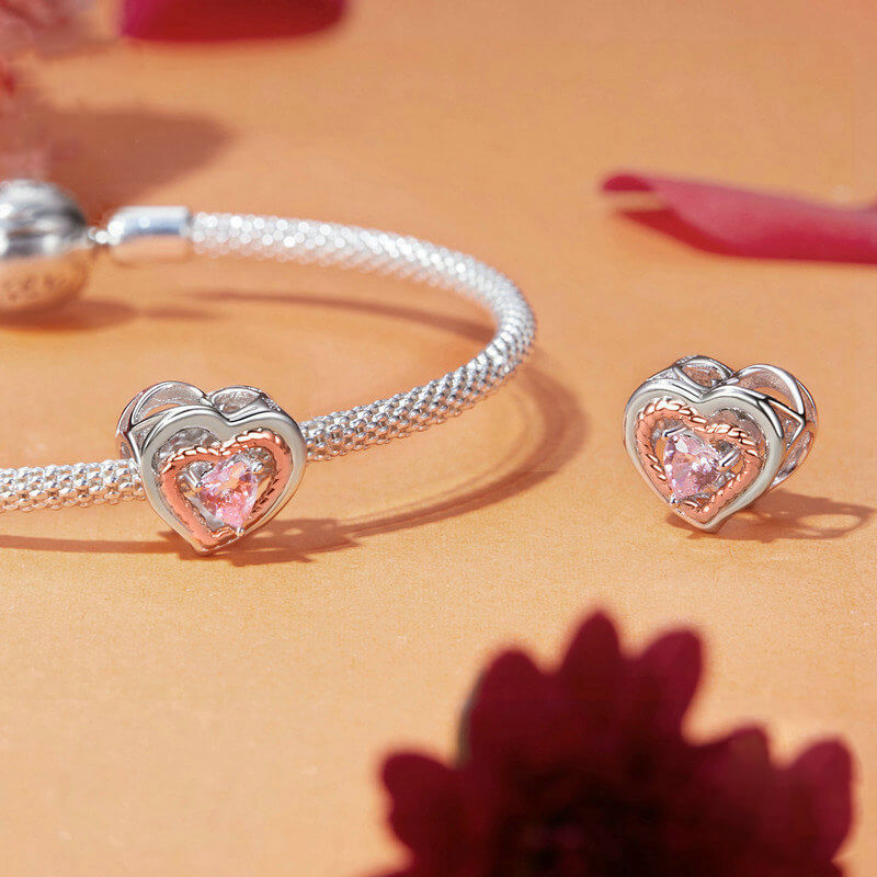 Graceful Rose Series Rose Gold Plated Charm Set in Sterling Silver - heart charm front & back