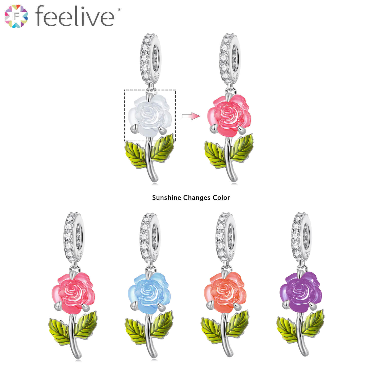 Sunshine Color-changing Jewelry Magic Rose Charm in Sterling Silver - Feelive