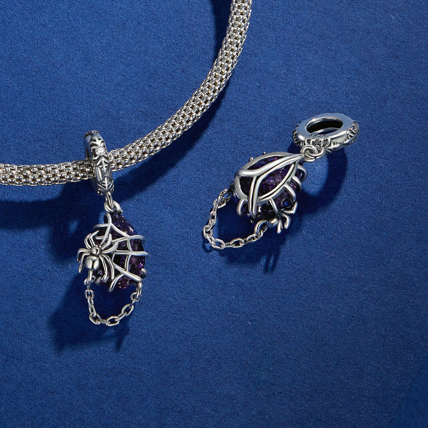 Purple Spooky Halloween Gems Charm Set in Sterling Silver purple spider front and back