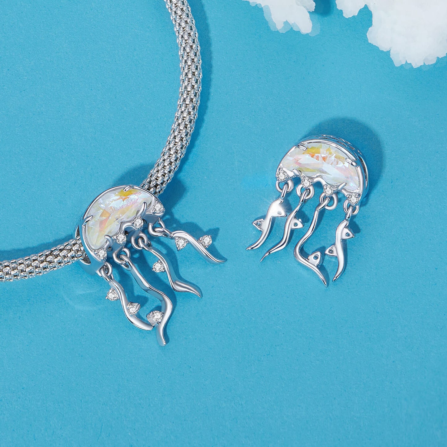 Beautiful Jellyfish Resin Zircon Charm in Sterling Silver front and back