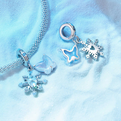 Butterfly in Snowflakes Gems Necklace in Sterling Silver front and back