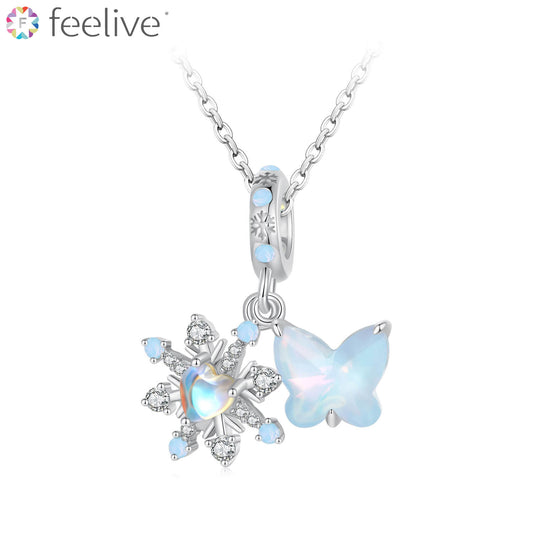 Butterfly in Snowflakes Gems Necklace in Sterling Silver - Feelive