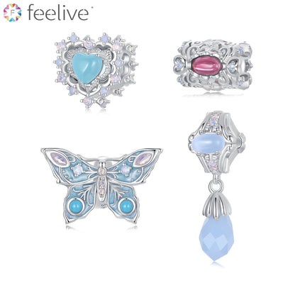 Fantasy Vintage Style Pattern Gems Charm Set in Sterling Silver - Feelive