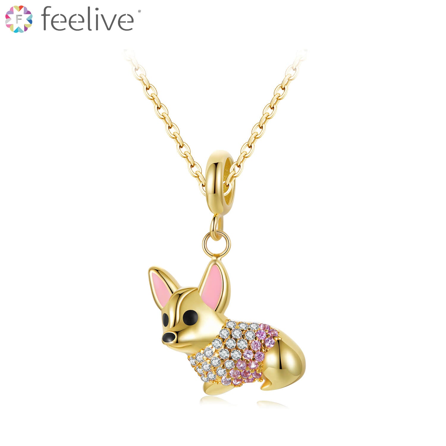 Golden Cute Corgi Dog Pendant Necklace in Sterling Silver - Feelive