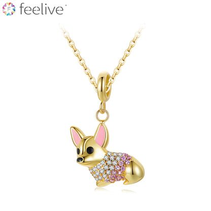 Golden Cute Corgi Dog Pendant Necklace in Sterling Silver - Feelive