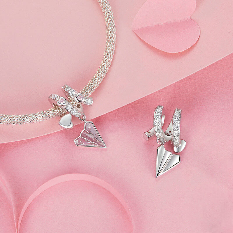 Sweet Valentine's Day Zircon Enamel Charm Set in Sterling Silver - PAPER PLANE front and side