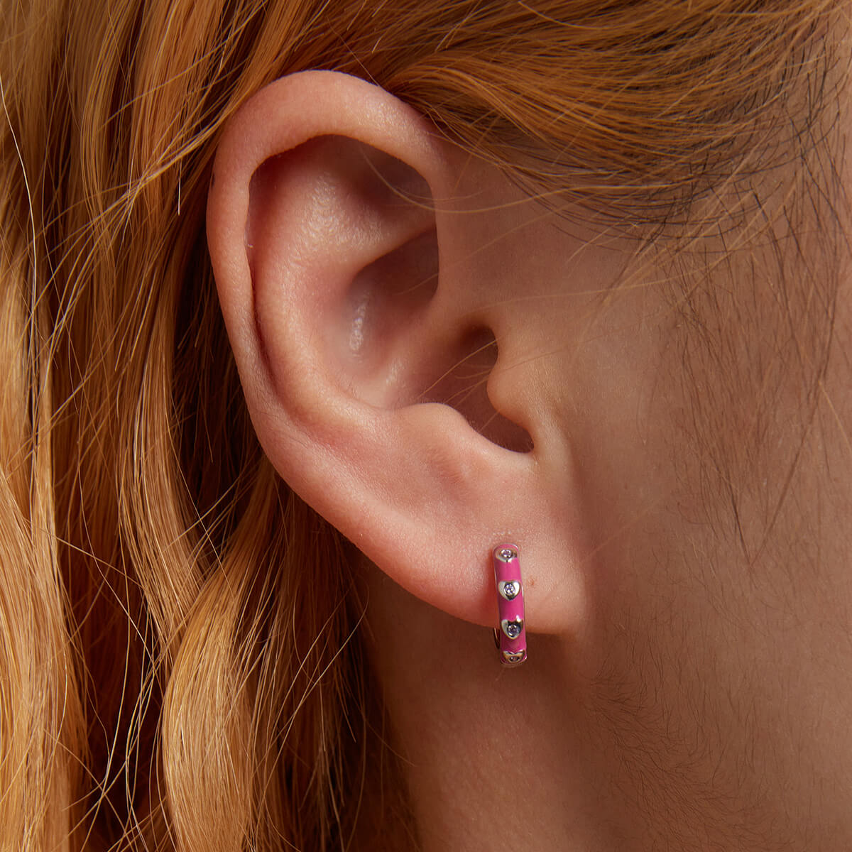 Hot Pink Purple Heart Enamel Zircon Earrings in Sterling Silver model