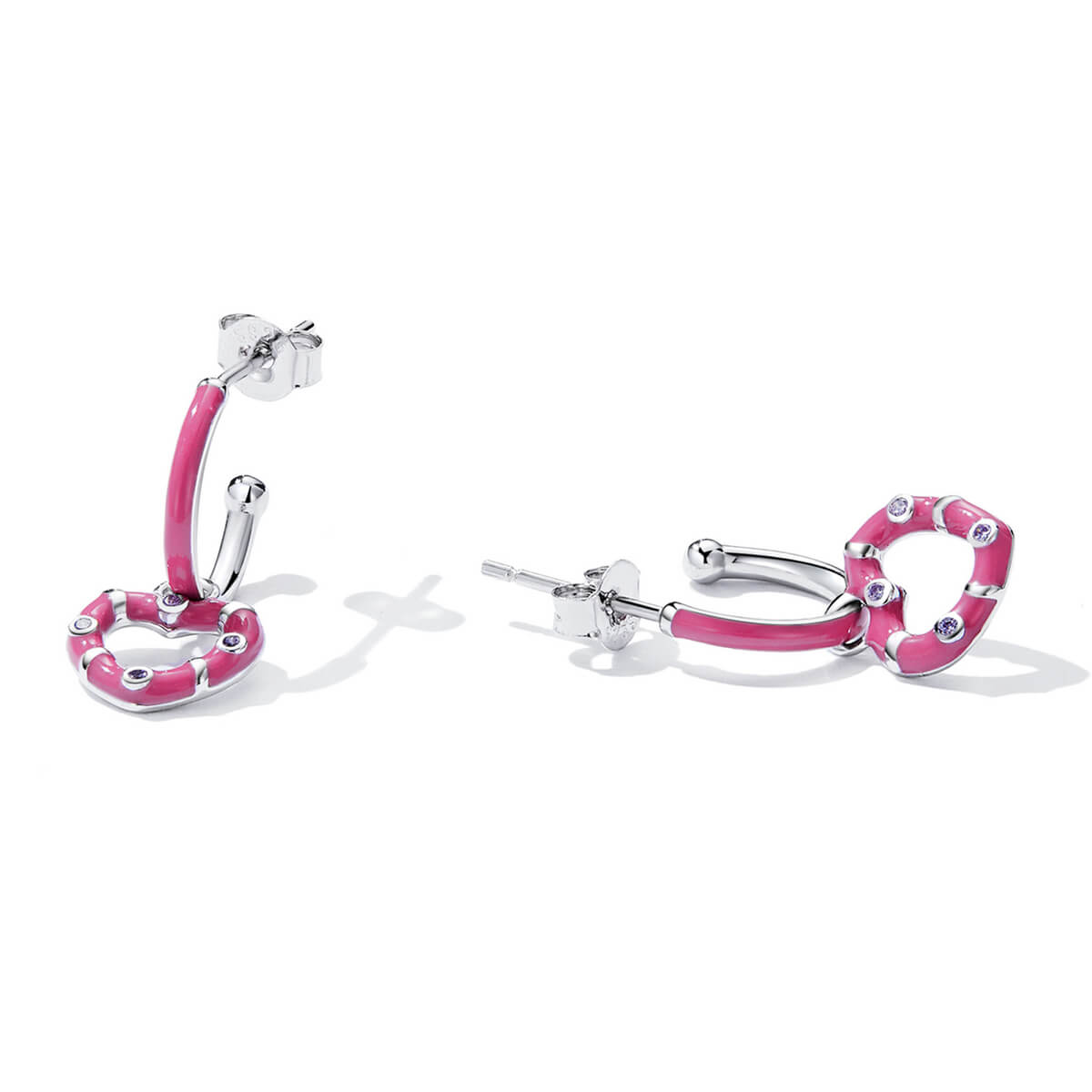 Hot Pink Heart Enamel Zircon Hoop Earrings in Sterling Silver side