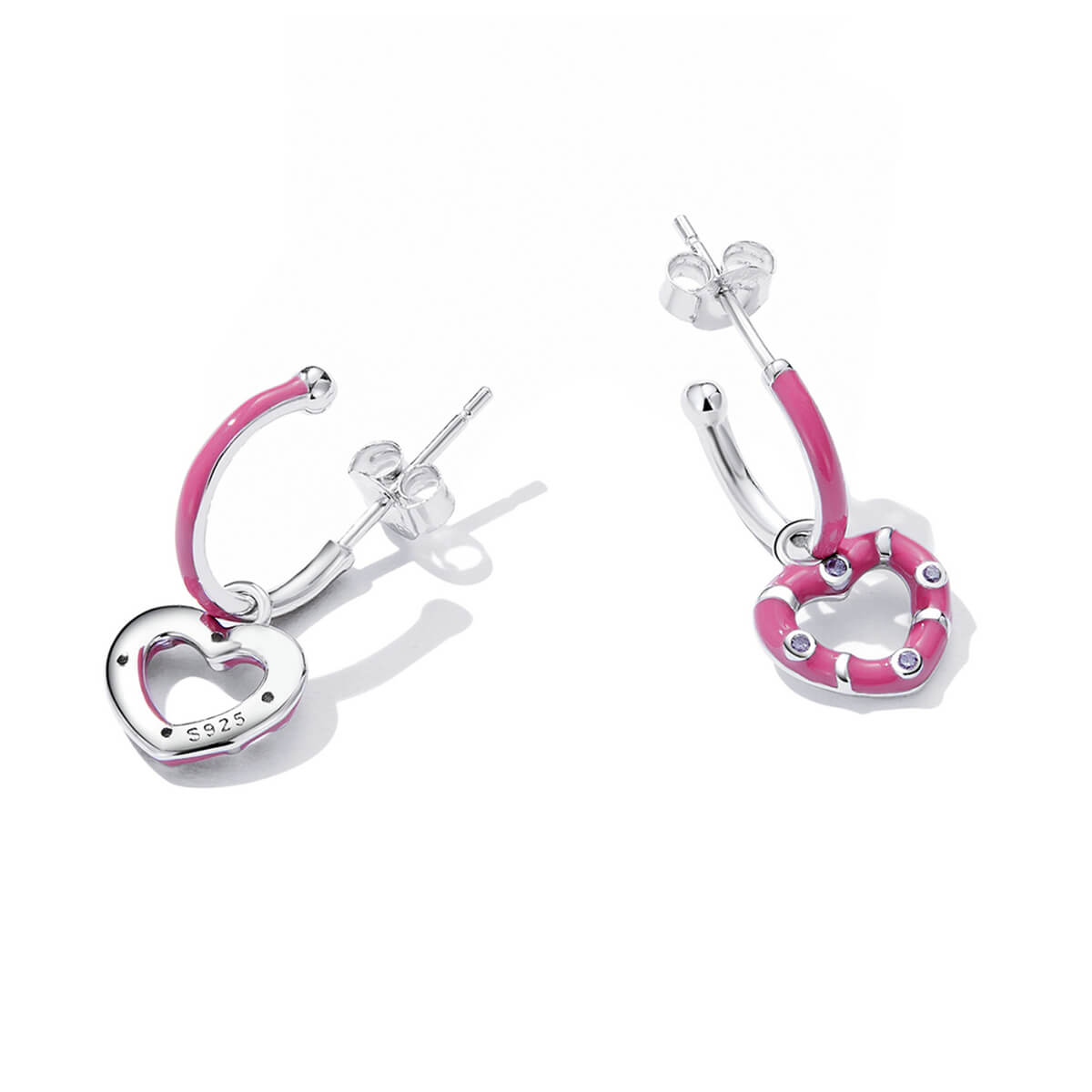 Hot Pink Heart Enamel Zircon Hoop Earrings in Sterling Silver front and back