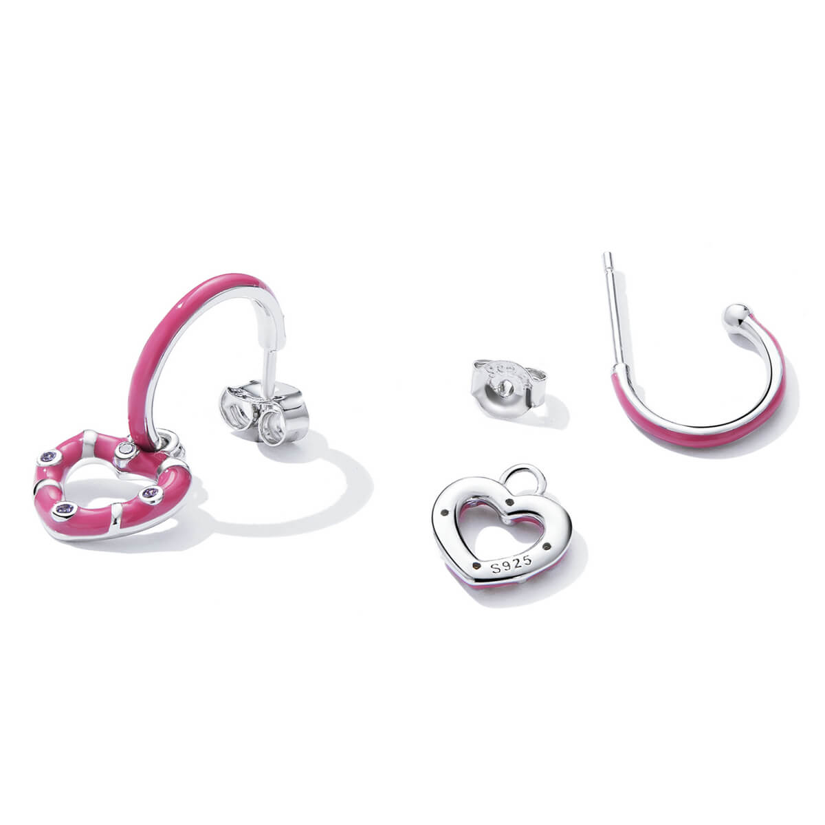 Hot Pink Heart Enamel Zircon Hoop Earrings in Sterling Silver detachable