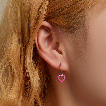 Hot Pink Heart Enamel Zircon Hoop Earrings in Sterling Silver model